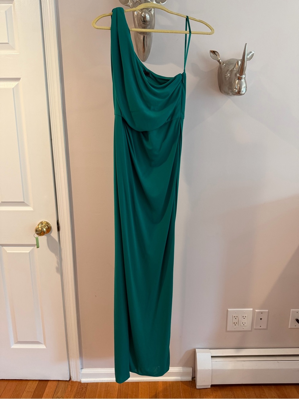 BCBGMaxAzria green One-Shoulder Draped Gown